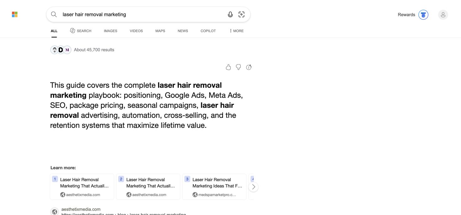 Bing AI answer for laser hair removal marketing with MedSpa Market Pro included in Learn more sources