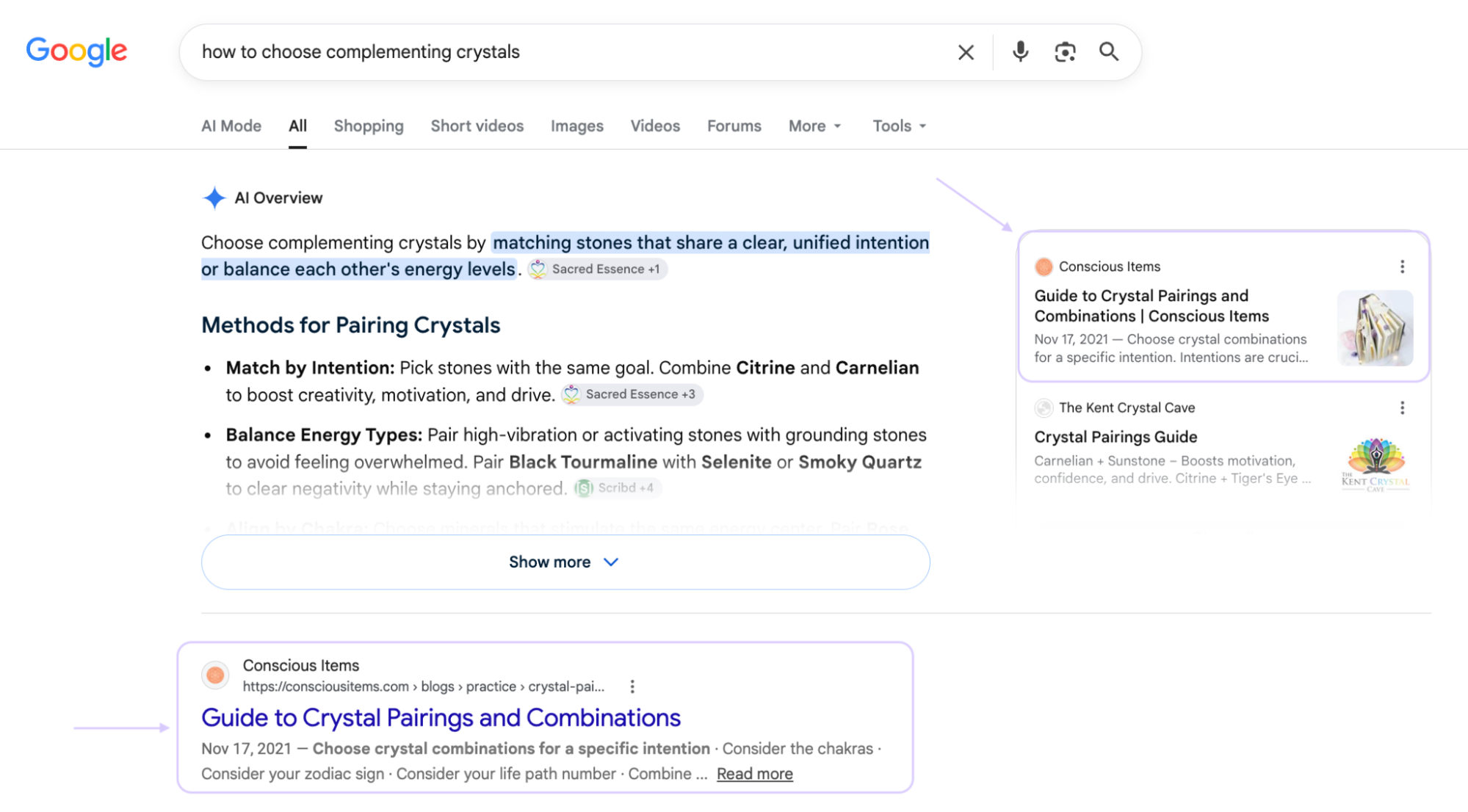 Conscious Items Google search results and AI Overview screenshot, September 2026