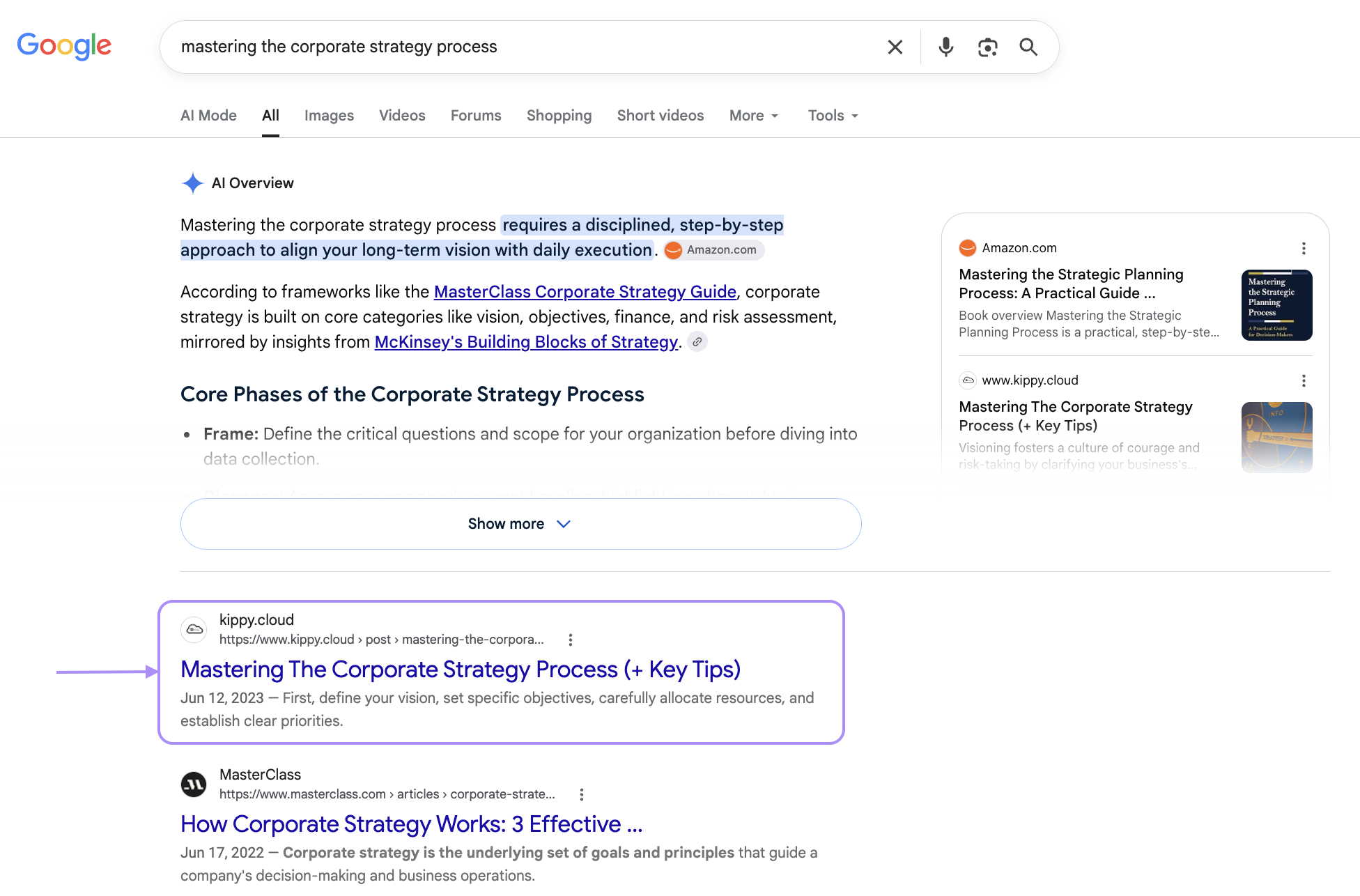 Kippy Cloud Google search results and AI Overview screenshot, September 2026