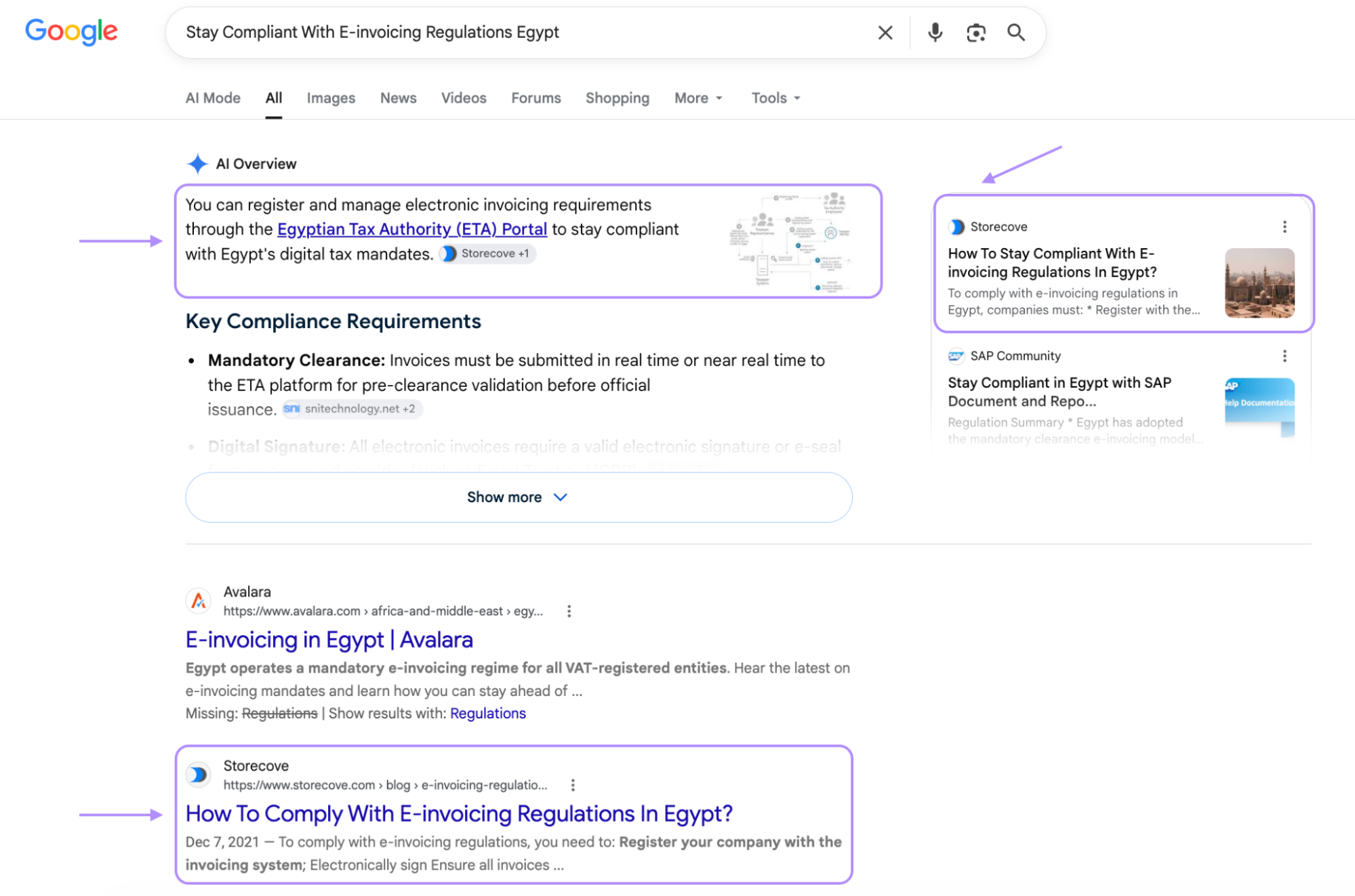 Storecove Google search results and AI Overview screenshot, September 2026