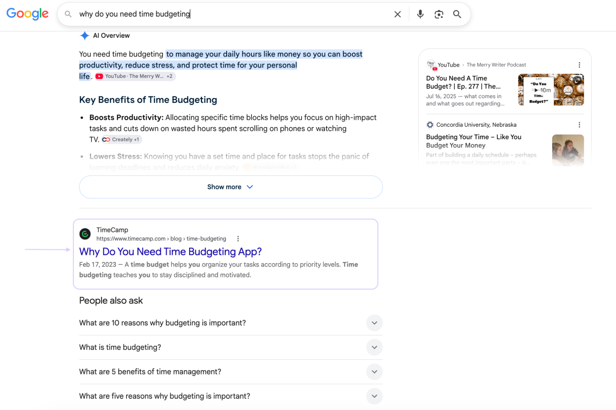 TimeCamp Google search results and AI Overview screenshot, September 2026